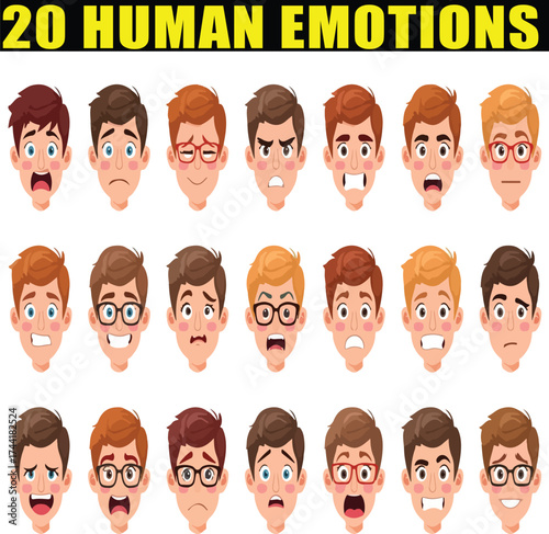  20Human Emotions & Faces Vector Set . set of funny faces, perfect pixel