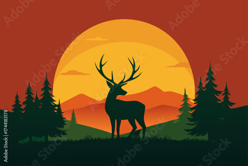 Silhouette of deer in nature with sunset background