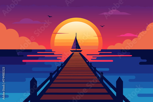 Sunset scene with boat and pier in vibrant colors