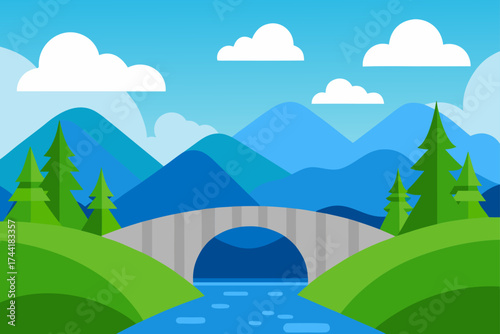 Landscape with bridge river mountains and some trees