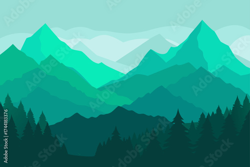 A layered mountain range with evergreen trees view