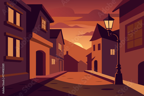 Illustration of a street with buildings at sunset