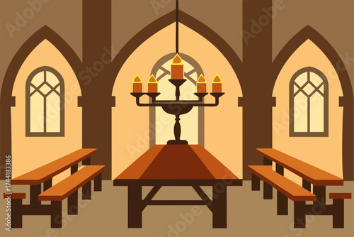 Interior view of a medieval hall with long tables