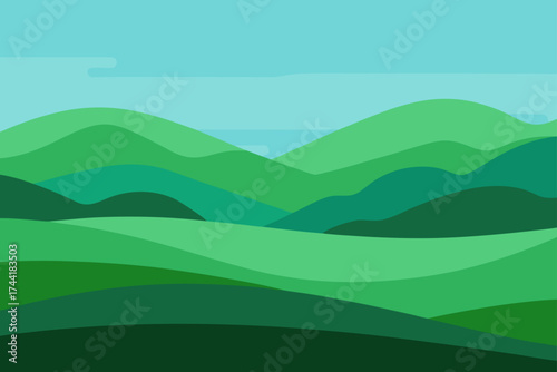 Rolling green hills under a blue sky illustration