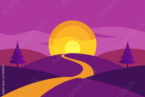 Illustration of a sunset over hills with trees road