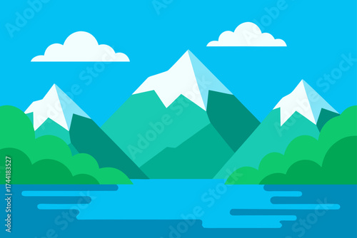 Illustration of mountains clouds and a body of water