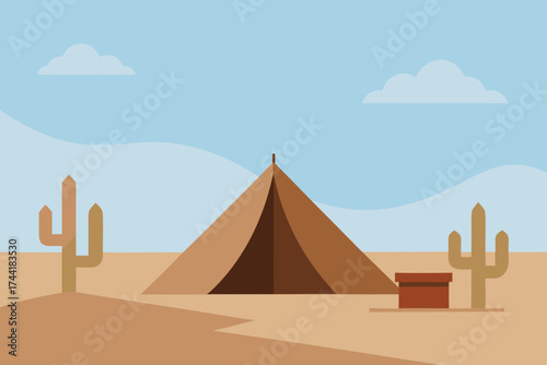 Desert scene with tent cacti and a treasure chest