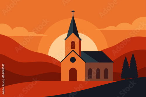 Illustration of a church at sunset in a landscape