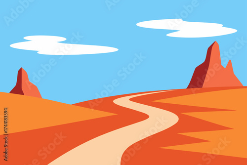 Desert landscape with road and rock formations view