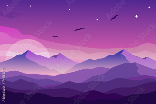 Purple mountains with birds and stars at sunset time