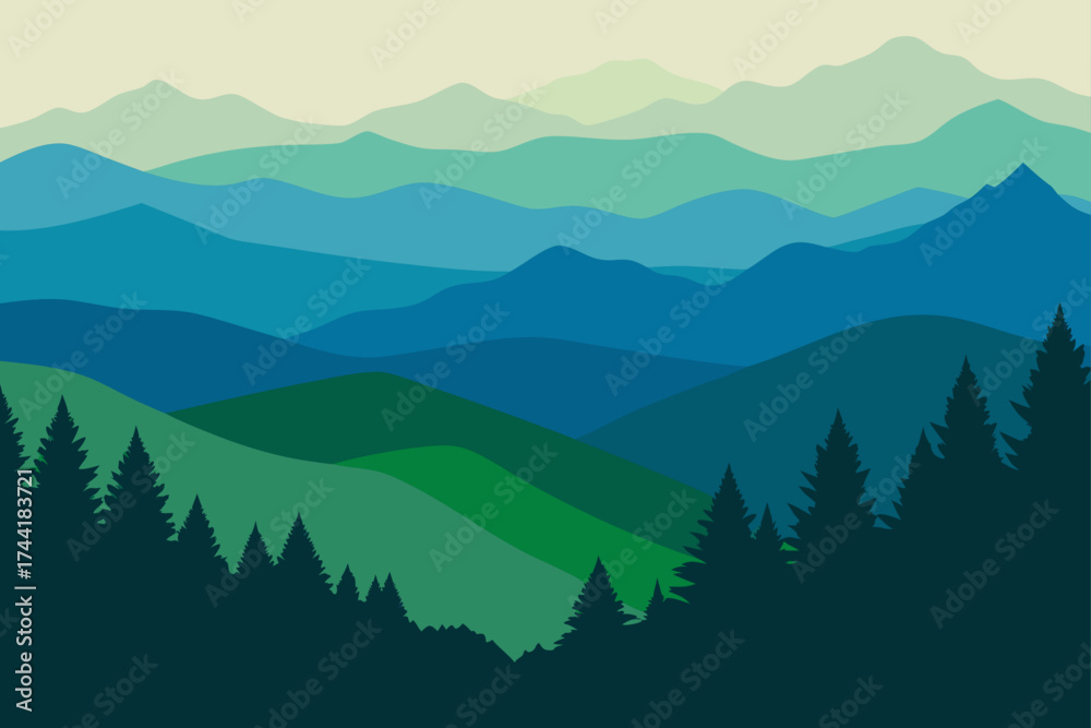 Fototapeta premium Landscape with blue and green mountains and trees