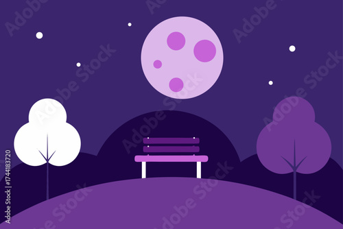 A bench under the moon in a peaceful night scene