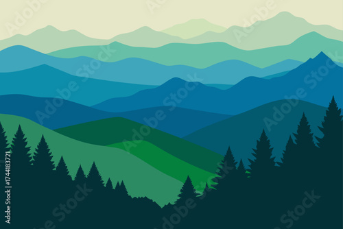 Landscape with blue and green mountains and trees