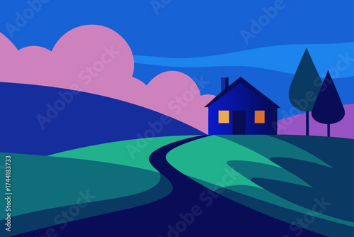Illustration of house on hill with trees and clouds