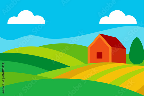 Cartoon farm landscape with house and rolling hills