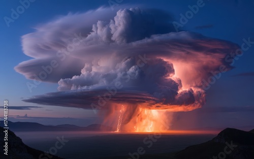 Powerful thunderstorm illuminating the landscape at night with dynamic lightning strikes and billowing cumulonimbus clouds and mountains