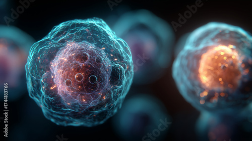 A stem cell with prominent nucleus and vesicles represents regeneration potential cellular therapy and the promise of personalized medicine and tissue engineering.
