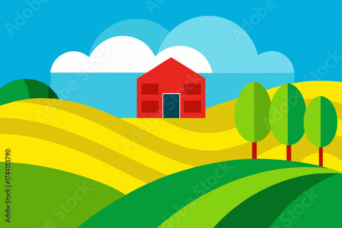 Landscape with red house trees and yellow fields view