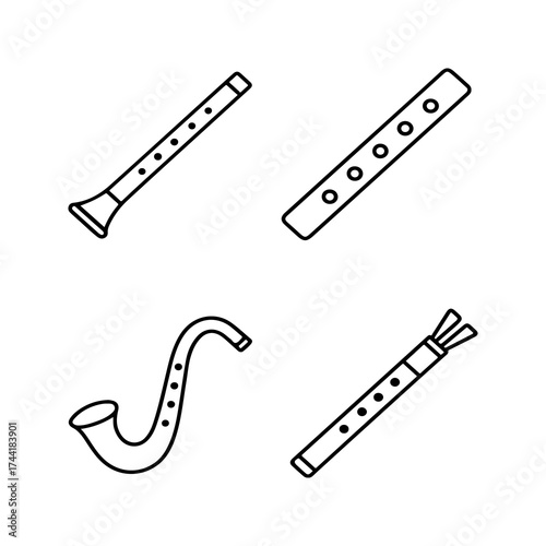 Collection of hand drawn nepali woodwind musical instruments including a shooter bansuri jhyali and syahi presented as a simple line art illustration for educational or cultural purposes