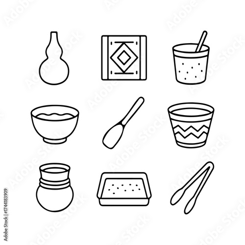 A collection of hand drawn line art illustrations depicting various traditional west african dyeing tools and implements used in textile creation and artisanal craft processes