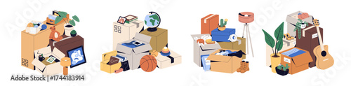 Heaps of things and boxes set. Piles of different cardboard containers, stuff for moving. Stacks of  packages, cartons, belongings, clothes for relocation. Flat isolated vector illustrations on white.