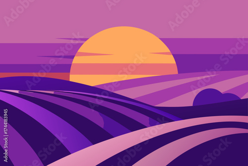 Sunset over purple fields in a stylized landscape