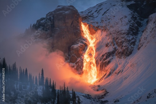 Spectacular Reflection of Sunlight on Waterfall Resembling Lava Flow in Snow Covered Mountainous Region with Pine Trees and Misty Atmosphere