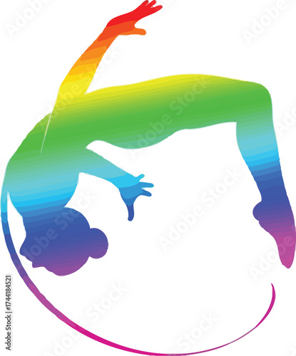Dynamic rainbow gymnast silhouette performing stunning acrobatic backbend for artistic fitness promotions and vibrant wellness campaigns, highlighting flexibility