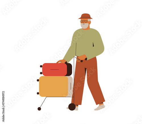 senior man going with full luggage cart at the airport. Grandfather with suitcases in the hall departure terminal. Elderly male person travel on summer holiday. Vector illustration