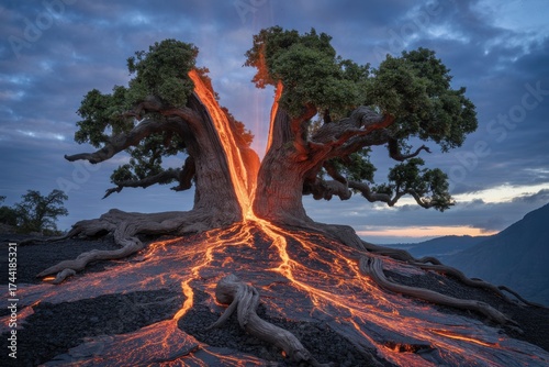 Surreal Landscape Featuring Flowing Lava Between Two Trees Creating a Mesmerizing and Dramatic Scenery for Creative Projects
