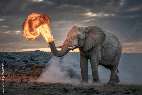 Surreal Image of Elephant Holding Fire With Its Trunk in a Dreamlike Landscape With Dramatic Sky