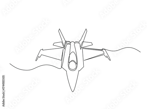 Military fighter jet plane in single outline illustration. Continuous line art drawing of military fighter jet plane. Editable stroke.