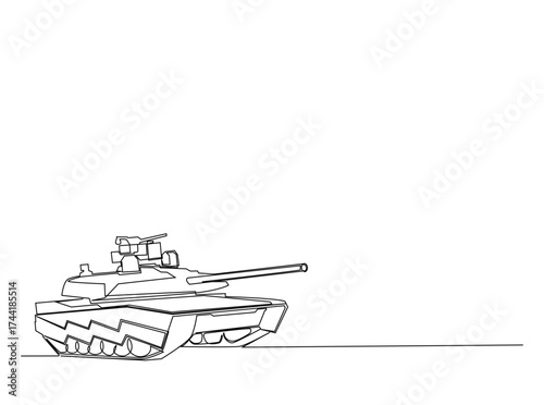 Military main battle tank in single outline illustration. Continuous line art drawing of army main battle tank. Editable stroke.