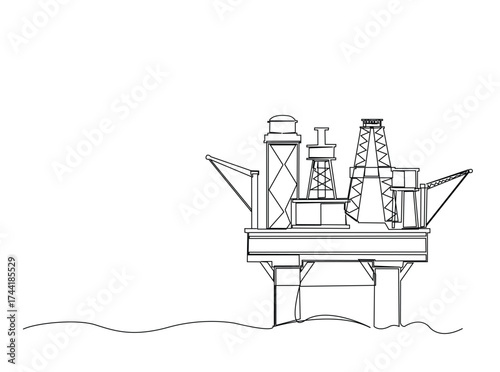 Ocean petrol drilling platform in single outline illustration. Continuous line art drawing of Offshore oil rig in the ocean. Editable stroke.