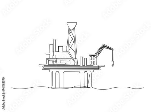Ocean petrol drilling platform in single outline illustration. Continuous line art drawing of Offshore oil rig in the ocean. Editable stroke.