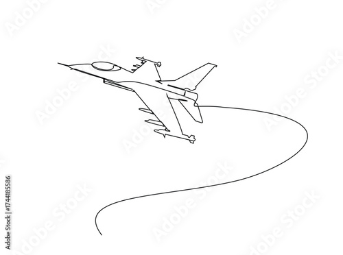 Military fighter jet plane in single outline illustration. Continuous line art drawing of military fighter jet plane. Editable stroke.