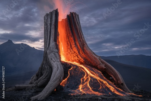 Surreal Landscape Featuring Lava Flowing from a Tree Trunk with a Dramatic Sky and Distant Mountains creating a fantasy scenery