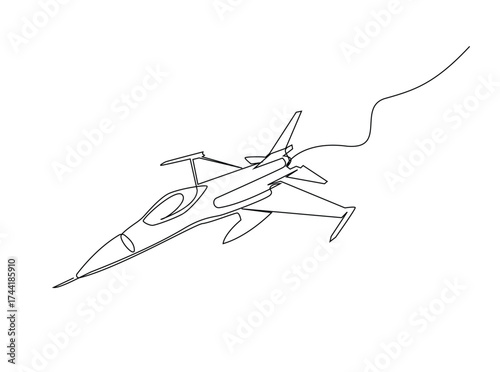 Military fighter jet plane in single outline illustration. Continuous line art drawing of military fighter jet plane. Editable stroke.