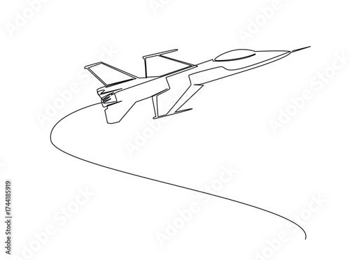 Military fighter jet plane in single outline illustration. Continuous line art drawing of military fighter jet plane. Editable stroke.