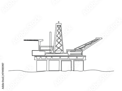 Ocean petrol drilling platform in single outline illustration. Continuous line art drawing of Offshore oil rig in the ocean. Editable stroke.