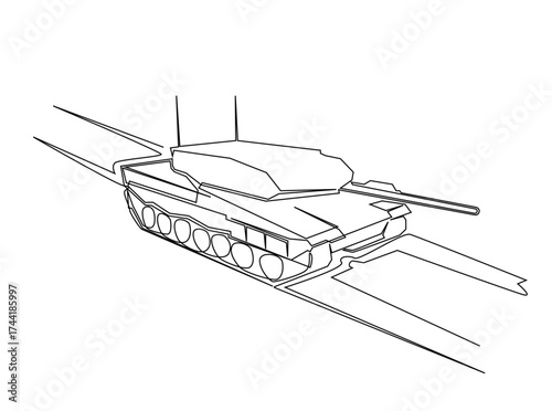 Military main battle tank in single outline illustration. Continuous line art drawing of army main battle tank. Editable stroke.