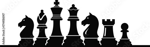 Silhouettes of various chess pieces arranged in a line on a white background