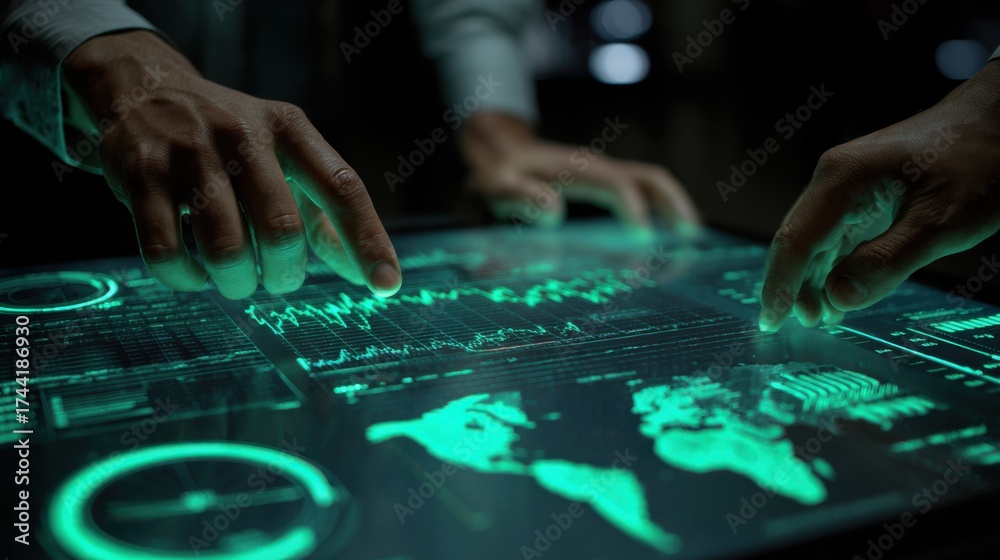 Fototapeta premium Professionals collaborating with predictive AI tools for forecasting market trends and optimizing business strategies