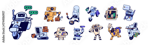 Set of cute robots. Humanoid machines, computers with artificial intelligence help with delivery, medicine. AI assistants, funny cyborgs, bots. Flat isolated vector illustrations on white background.
