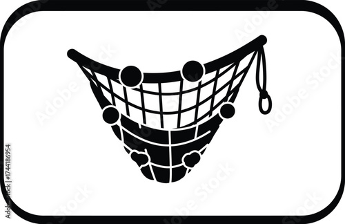 Simple black and white icon of a fishing net with floats representing sea life and maritime activities