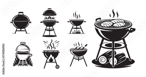 Barbecue Grill Silhouette Vector Icons – BBQ, Cooking, Outdoor Fire Pit Designs.
