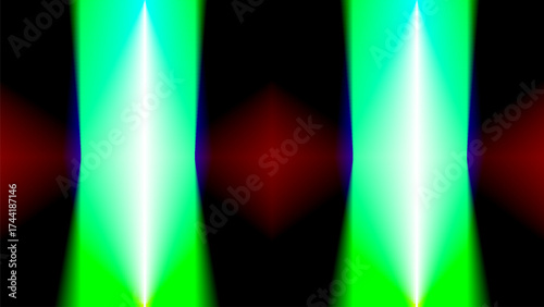 striking symmetrical abstract features two bright, vertical light cones glowing in neon green and white, sharply contrasting with a dark black field that holds a subtle red diamond in the center.