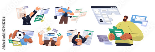 Content manager or maker concept set. Management of marketing, advertising in social media and networks. Analyst of business data works with CMS. Flat isolated vector illustrations on white background