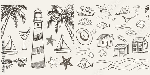 Collection of hand drawn beach and vacation elements including palm trees lighthouse sailboats beach houses and ocean life