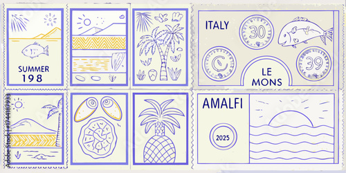 Collection of hand drawn illustrated stamps depicting summer scenes and italian destinations with playful doodles